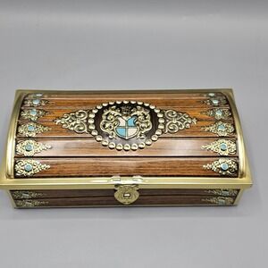 Vintage Heraldic Ornate Emblem Shield Faux Turquoise Trinket Tin Box